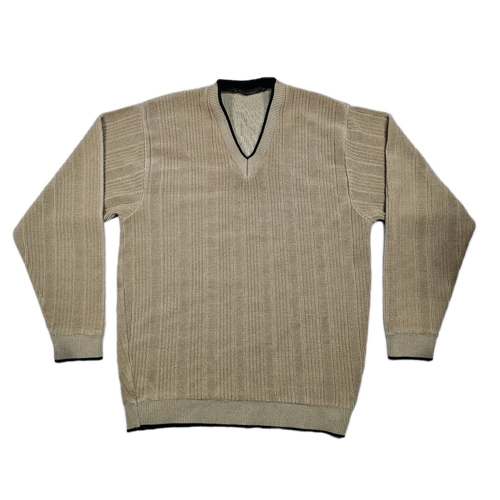 Classique Boucle V Neck Sweater Mens 40 Shadow Stripe Stretch Preppy Tan Black